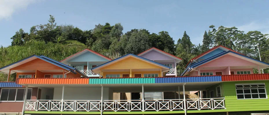 The colourful D’Olundus accommodation buildings